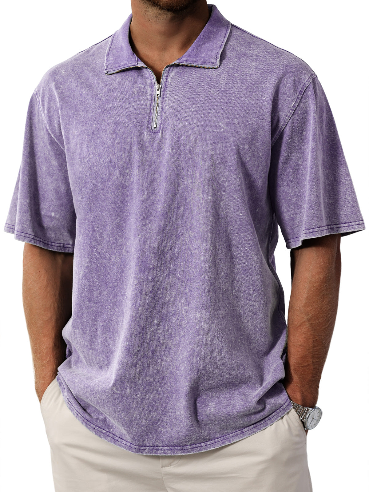 Men's Retro  Stand Collar Zipper Solid Color Short Sleeve T-Shirt