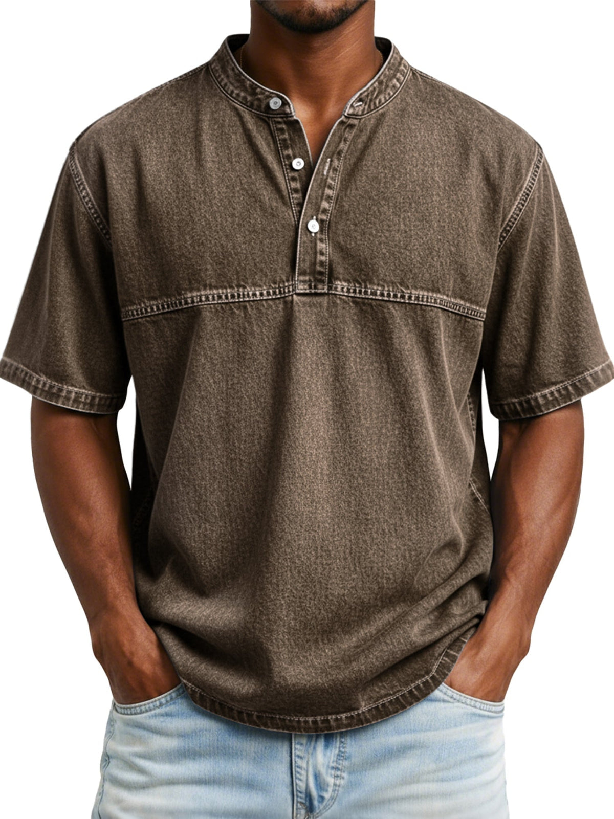 Men's Vintage-style Short-sleeved Henley Shirt With Contrasting Stitching Design