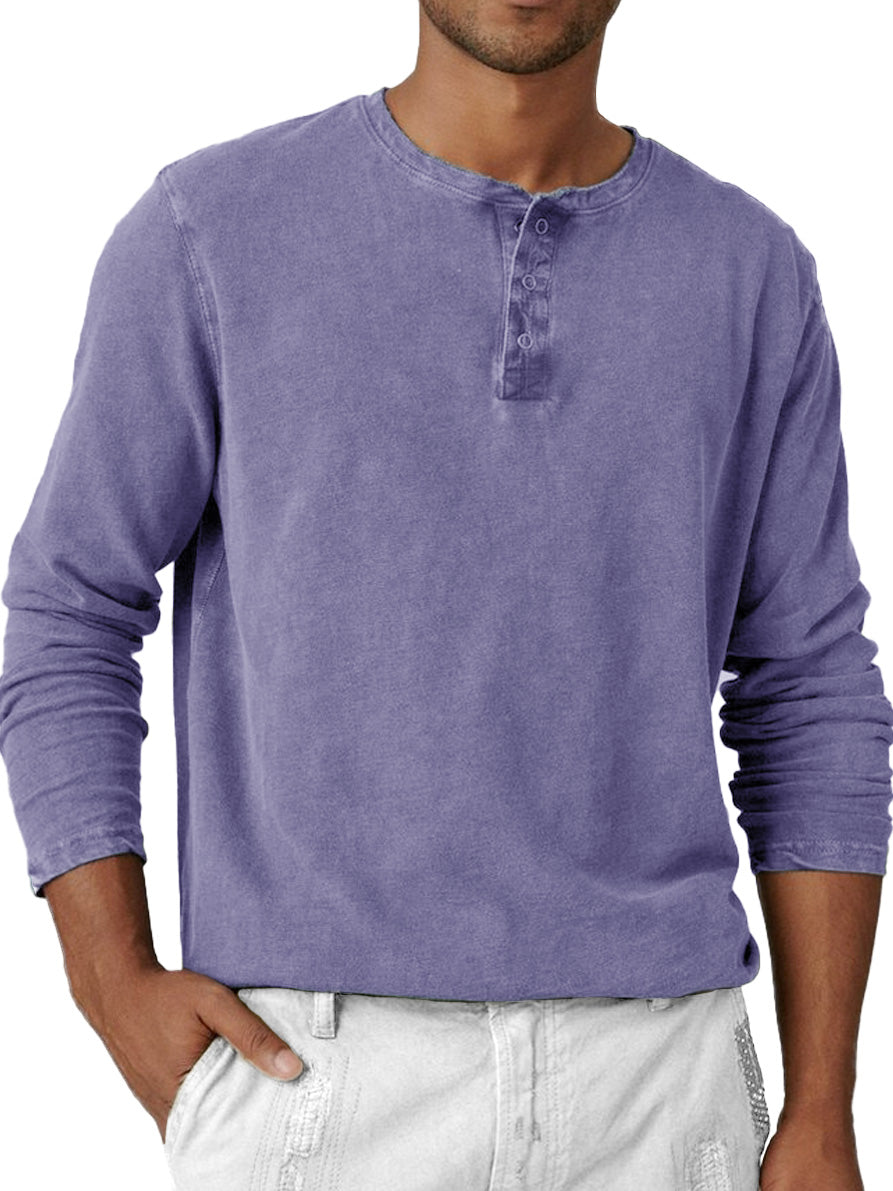 Men's Fashion Retro Distressed Round Neck Long Sleeve Henley Shirt