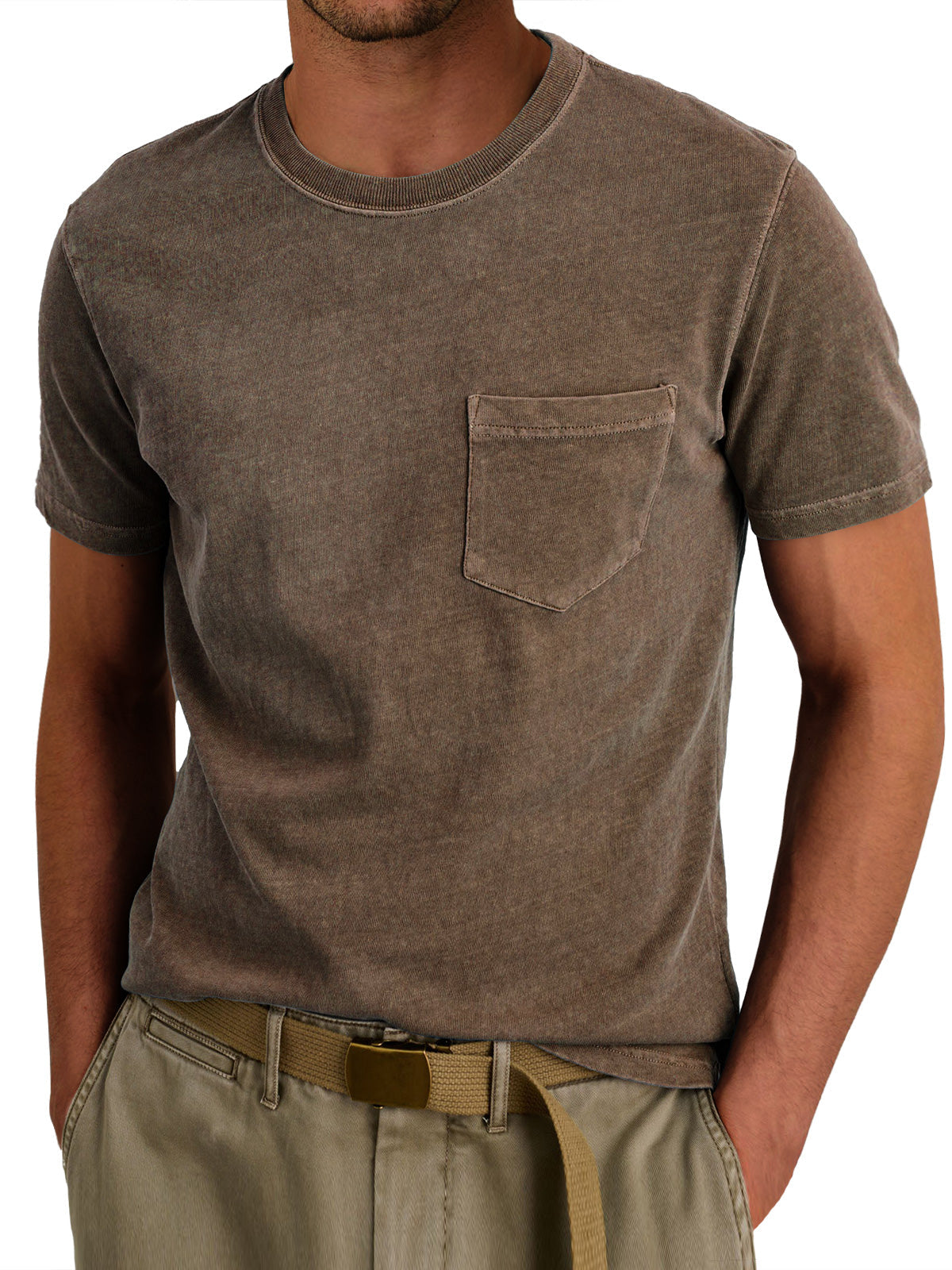 Men's Retro Round Neck Casual Pocket Solid Color Short Sleeve T-Shirt