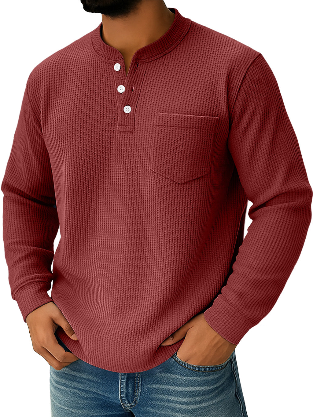Men's Everyday Waffle Collar Button-Down Casual Long Sleeve Henley