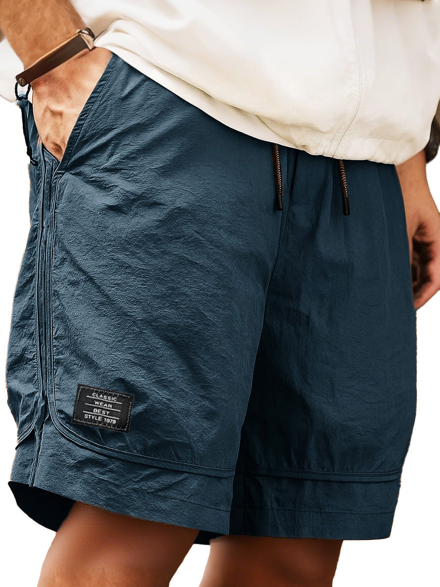 Men's Retro Outdoor Workwear Sports Quick-drying Embroidered Logo Elastic Waist Drawstring Pocket Shorts 