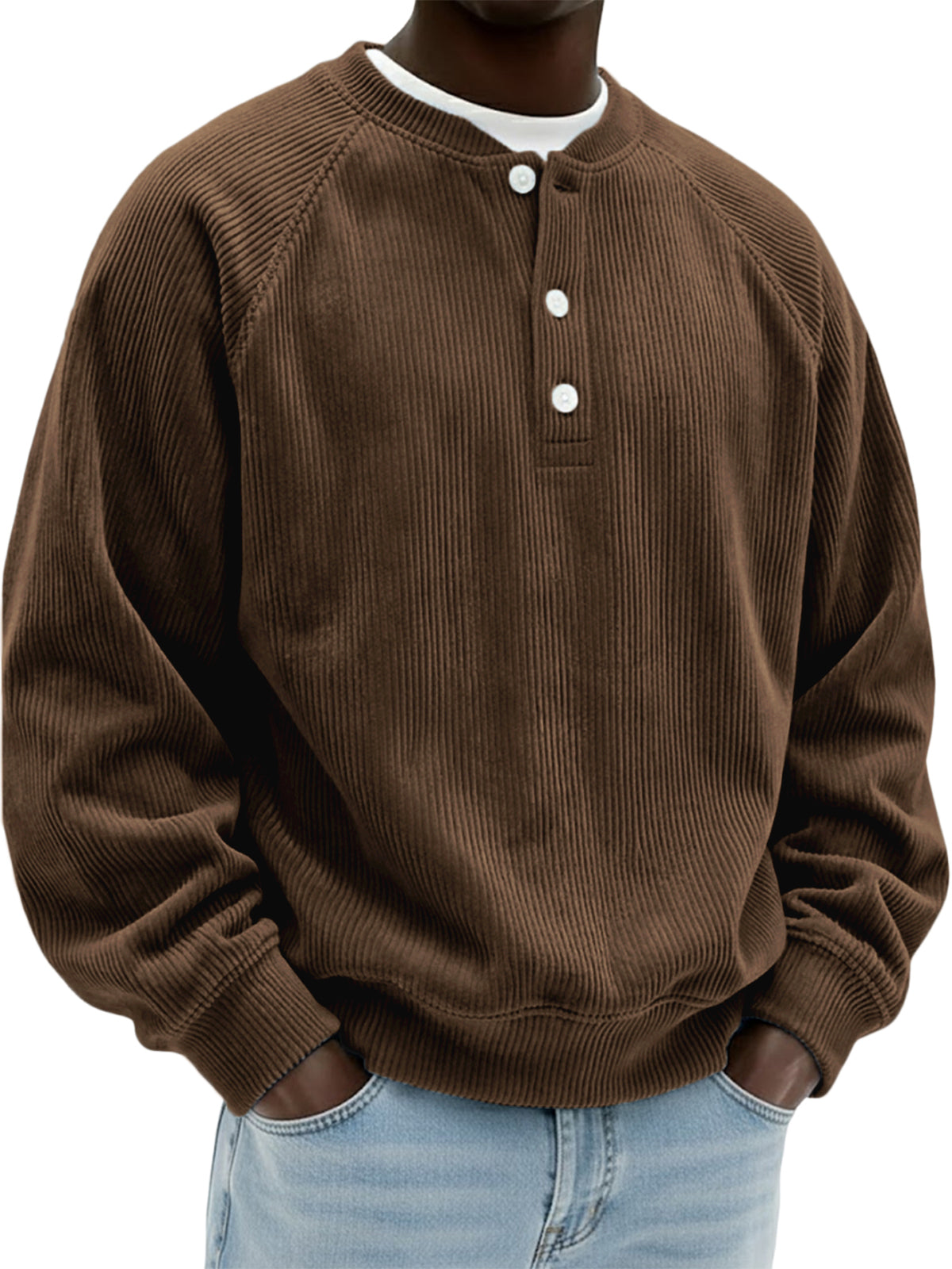 Men's Simple Vintage Ribbed Henley Raglan Pullover Top