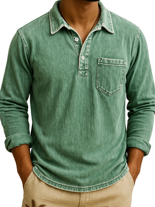 Men's Vintage Long Sleeve Polo Shirt with Chest Pocket