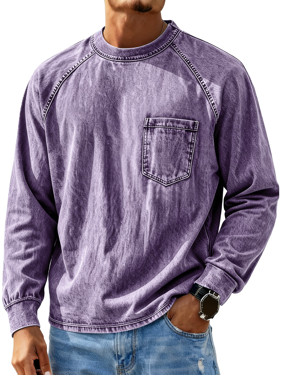 Men's Retro Crew Neck Raglan Casual Pocket Long Sleeve T-Shirt