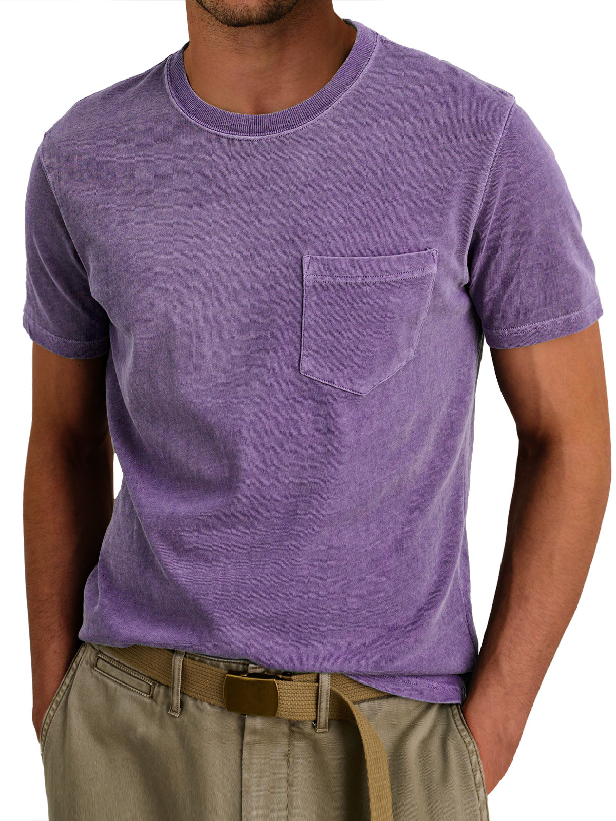 Men's Retro Round Neck Casual Pocket Solid Color Short Sleeve T-Shirt