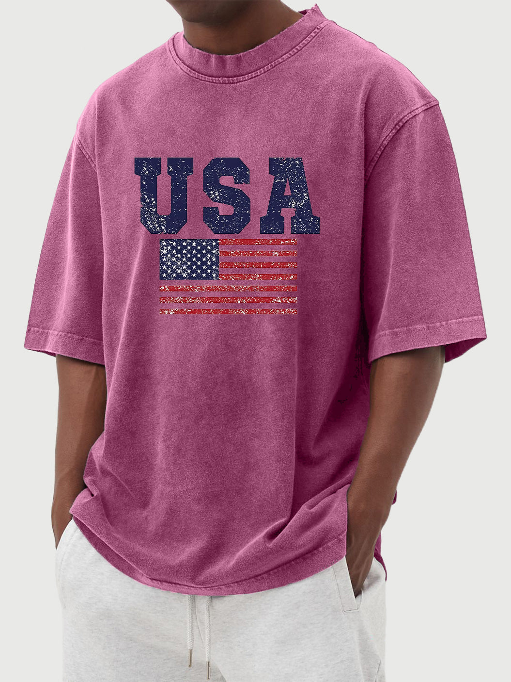 Men's vintage washed USA flag printed short sleeve T-shirt