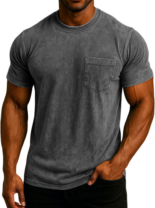 Men's Fashion Washed And Distressed Cotton Retro Pocket Casual T-shirt