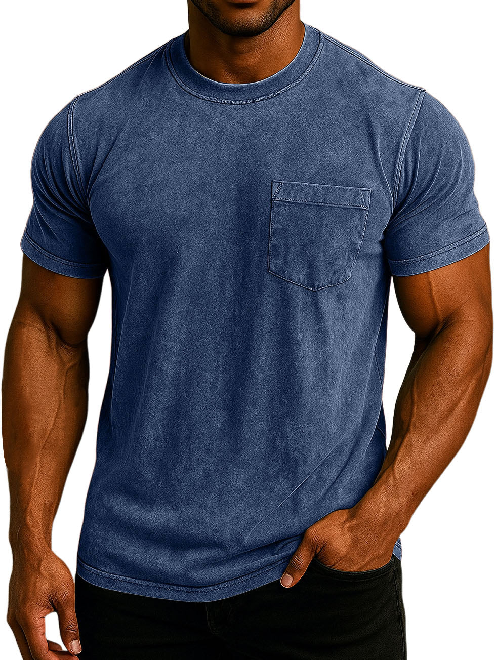 Men's Fashion Washed And Distressed Cotton Retro Pocket Casual T-shirt
