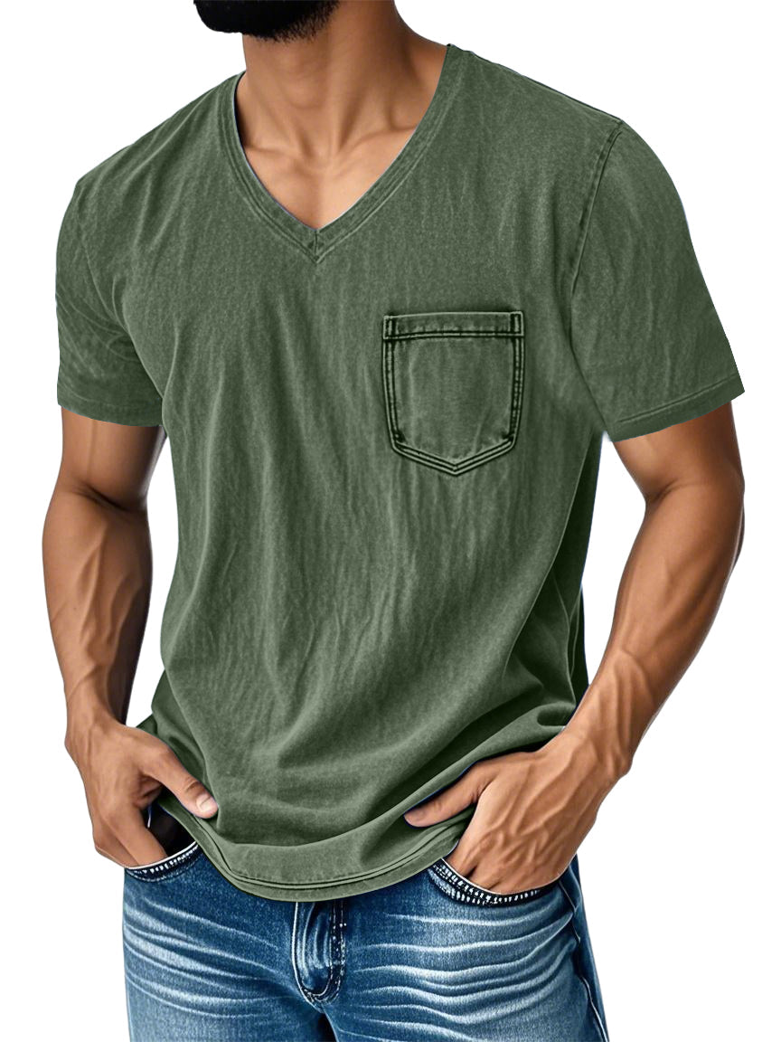 Men's Washed And Distressed Retro V-neck Pocket Casual Short-sleeved T-shirt