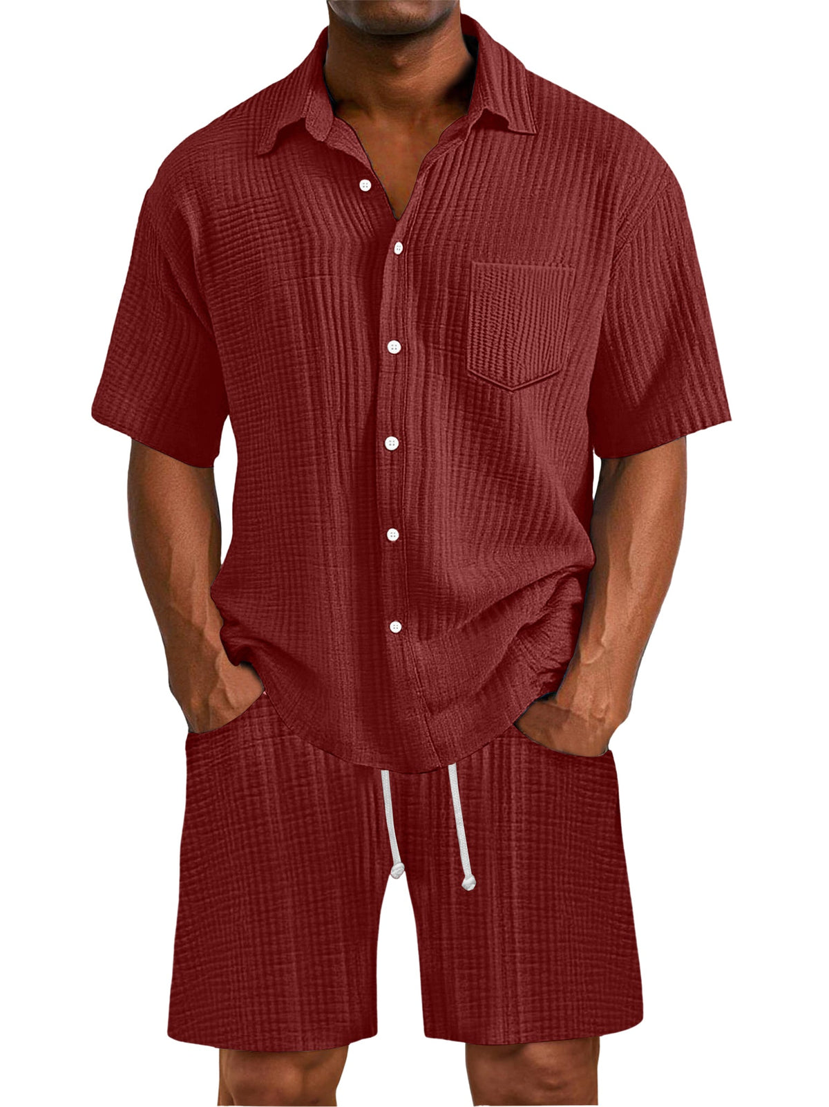 Men's Daily Wrinkled Texture Pocket Shirt Shorts Set