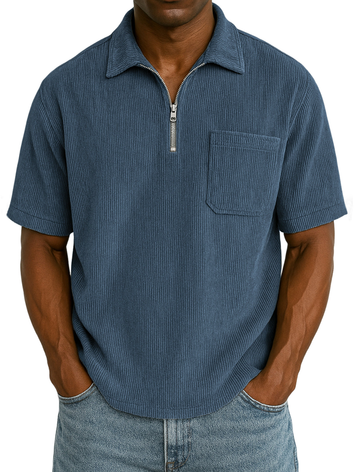 Men's Stylish Ribbed Pit Corduroy Quarter-Zip Casual Short Sleeve POLO Shirt