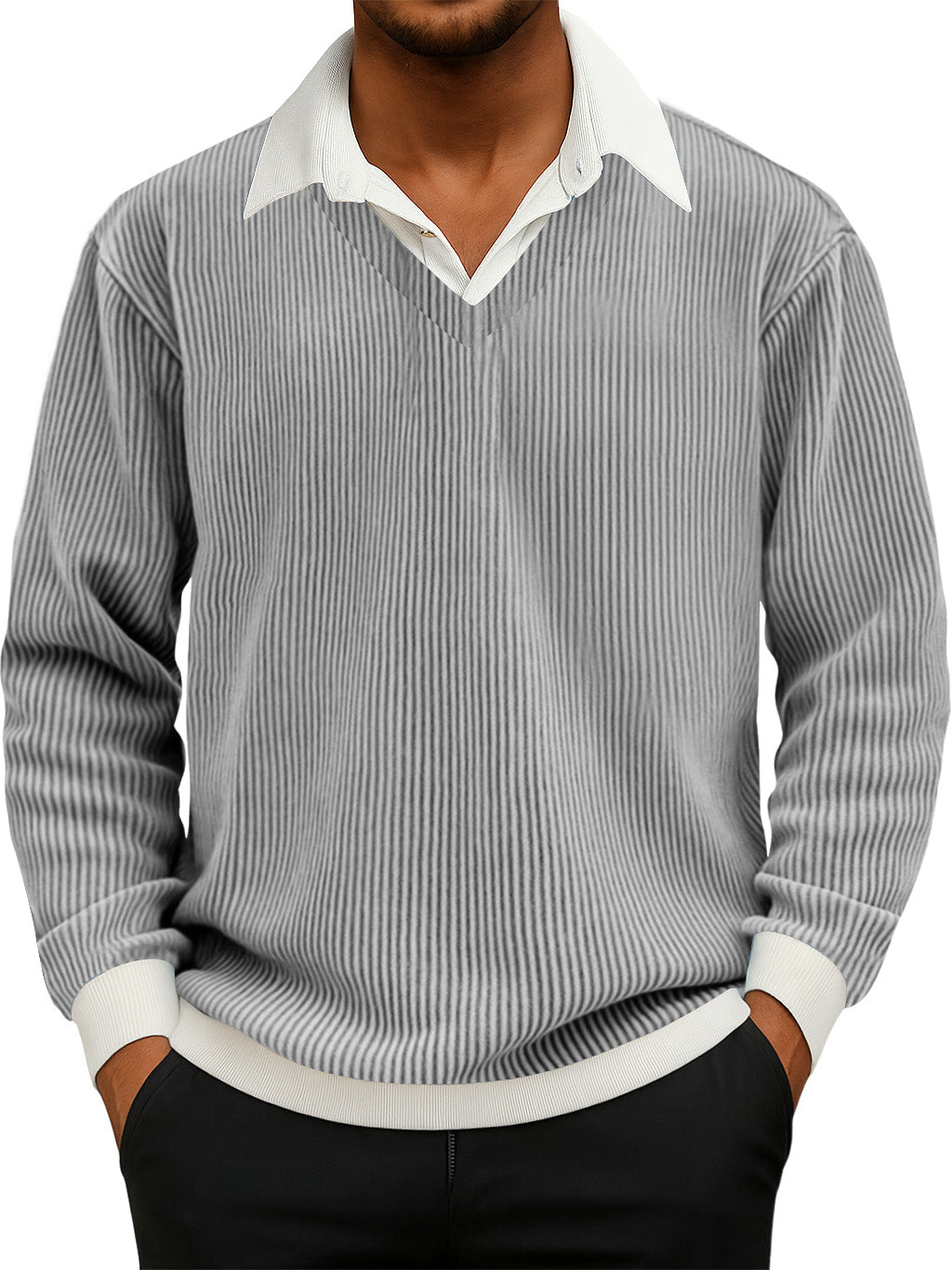 Men's Casual Faux Two-Piece Ribbed Shirt Collar Long Sleeve Sweatshirt