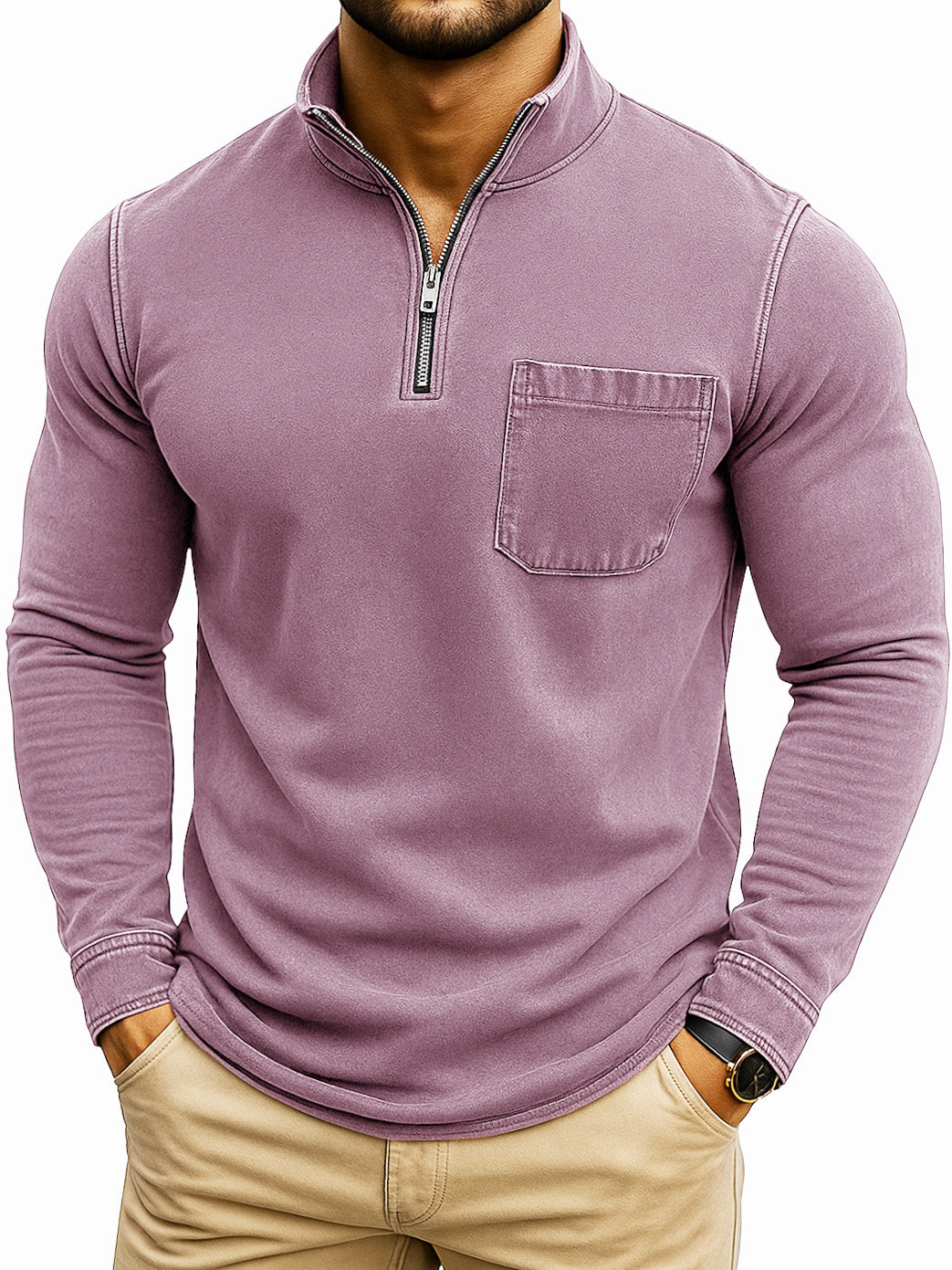 Men's Retro Casual Washed Distressed Quarter Zip Pocket Long Sleeve T-Shirt