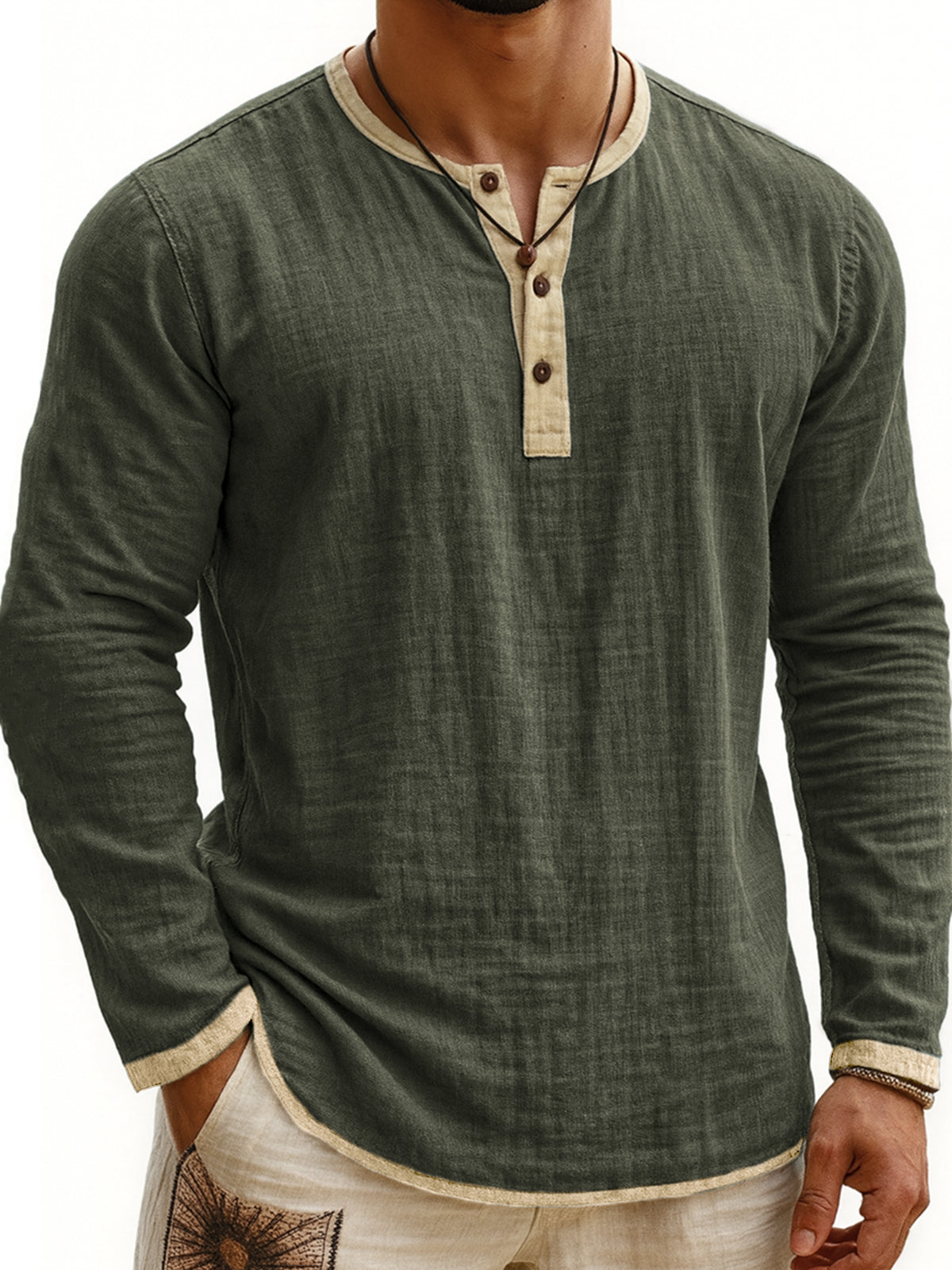 Men's Breathable Linen Vintage Contrast Casual Henley Shirt