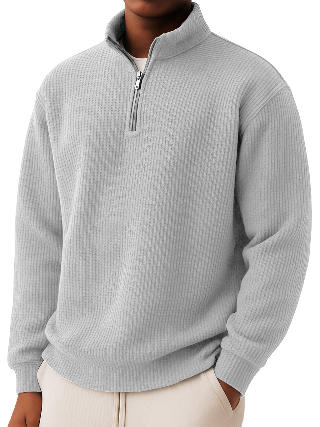 Men's Casual Simple Waffle Quarter Zip Long Sleeved T-shirt.