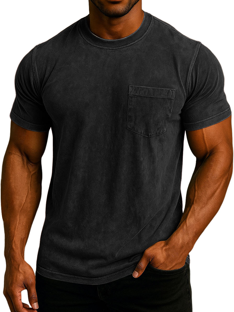 Men's Fashion Washed And Distressed Cotton Retro Pocket Casual T-shirt