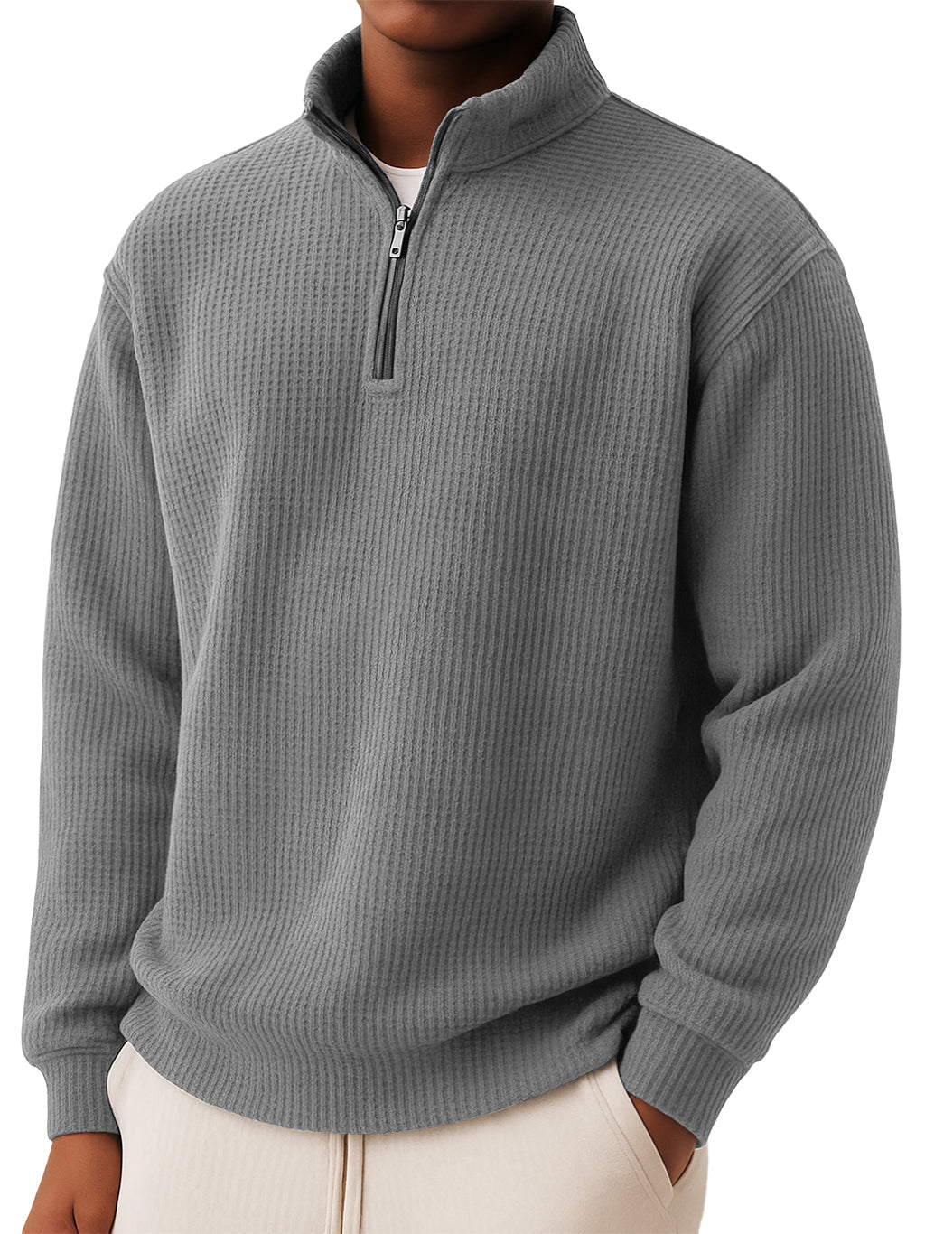 Men's Casual Simple Waffle Quarter Zip Long Sleeved T-shirt.