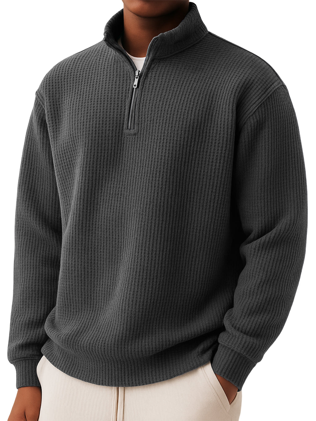 Men's Casual Simple Waffle Quarter Zip Long Sleeved T-shirt.