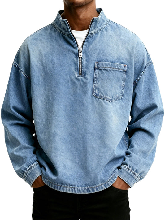 Men's Retro Washed Distressed Stand Collar Half Zipper Pocket Long Sleeve T-Shirt