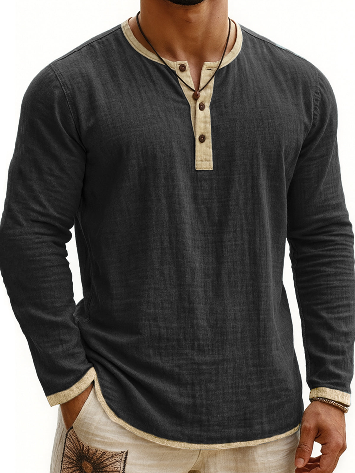 Men's Breathable Linen Vintage Contrast Casual Henley Shirt