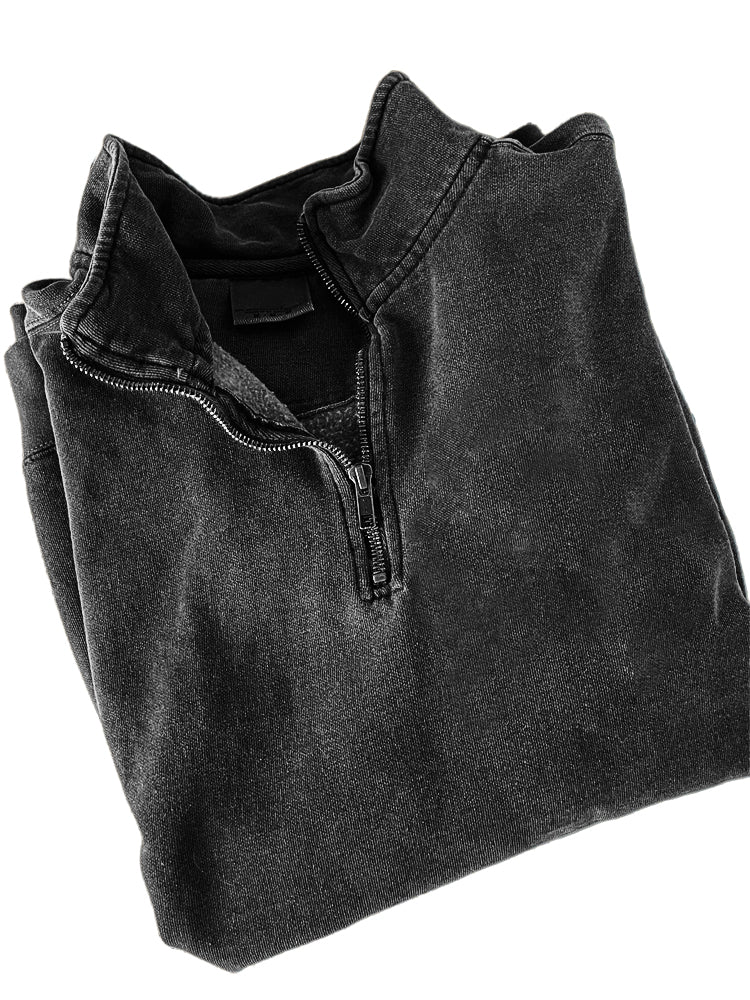 Men's Quarter Zip Distressed Washed Cotton Zipper Long Sleeve Sweatshirt
