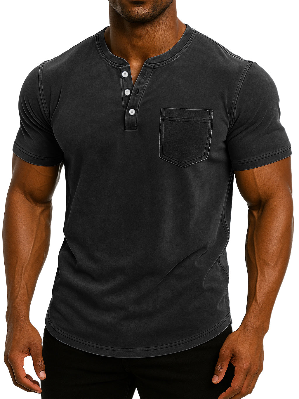 Men's Retro Stand Collar Casual Pocket Solid Color Slim Fit Short Sleeve Henley Shirt
