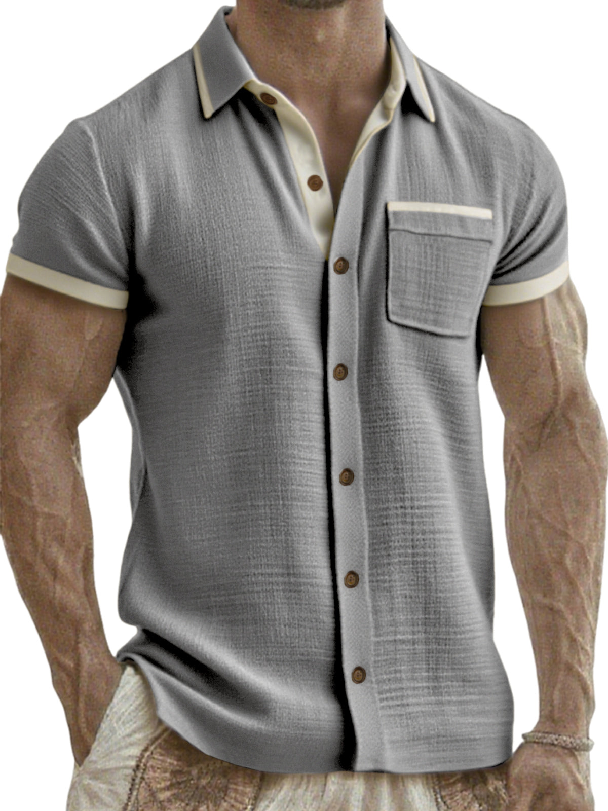 Men's Breathable Linen Colorblock Casual Short Sleeve Shirt with Chest Pocket