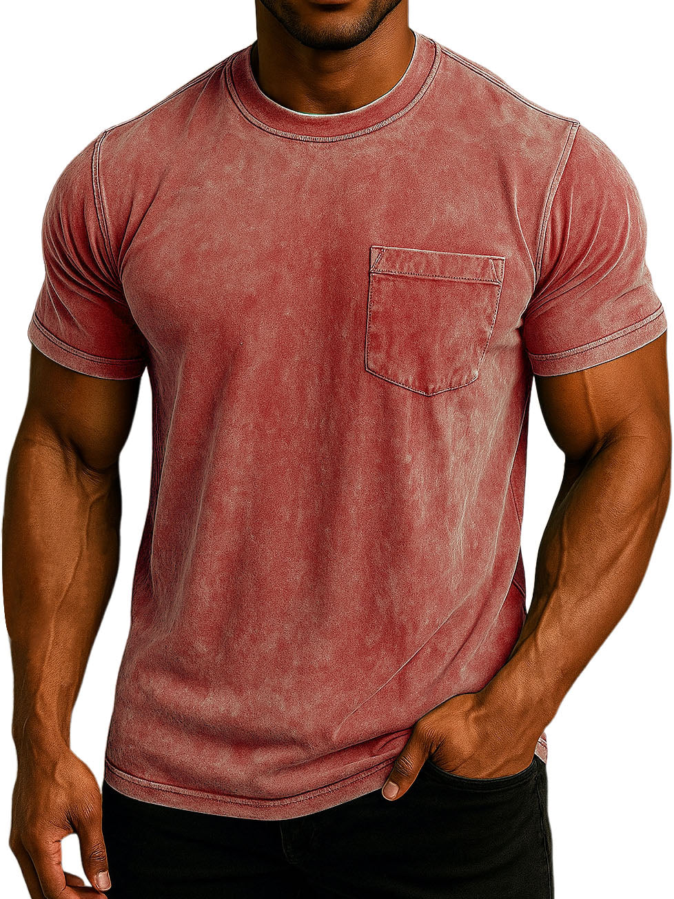 Men's Fashion Washed And Distressed Cotton Retro Pocket Casual T-shirt