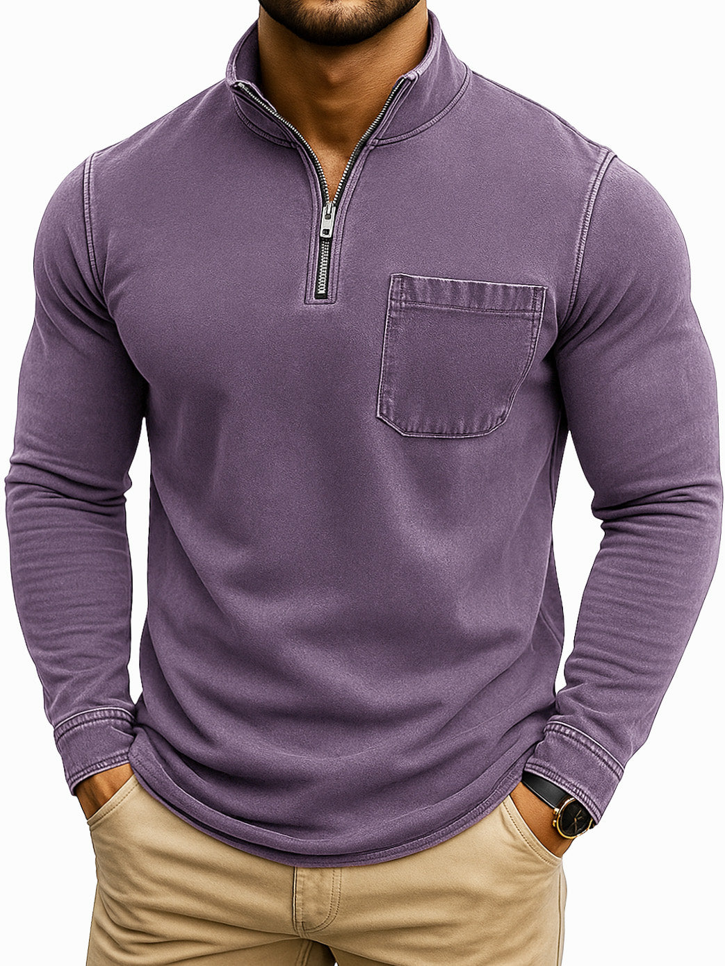 Men's Retro Casual Washed Distressed Quarter Zip Pocket Long Sleeve T-Shirt