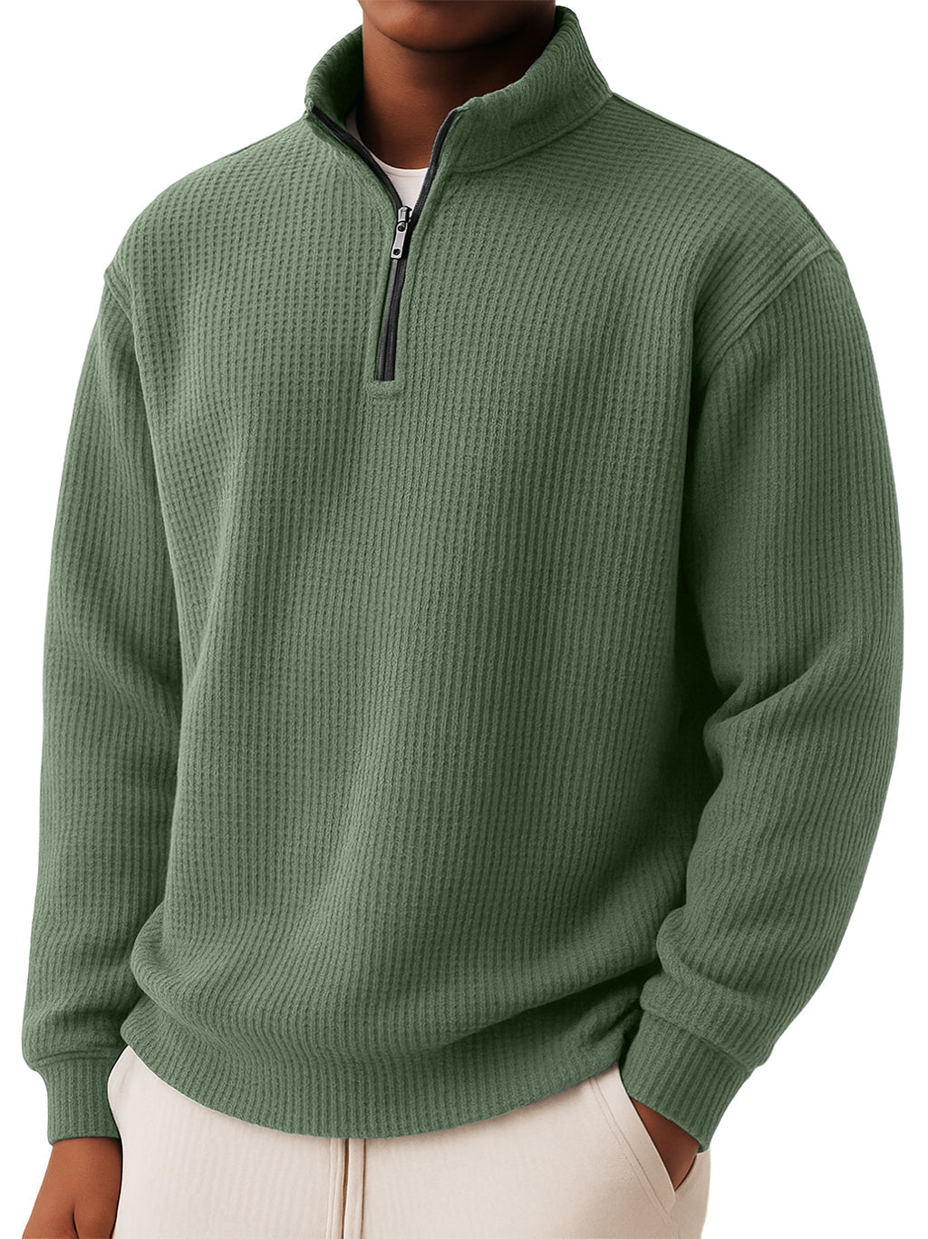 Men's Casual Simple Waffle Quarter Zip Long Sleeved T-shirt.