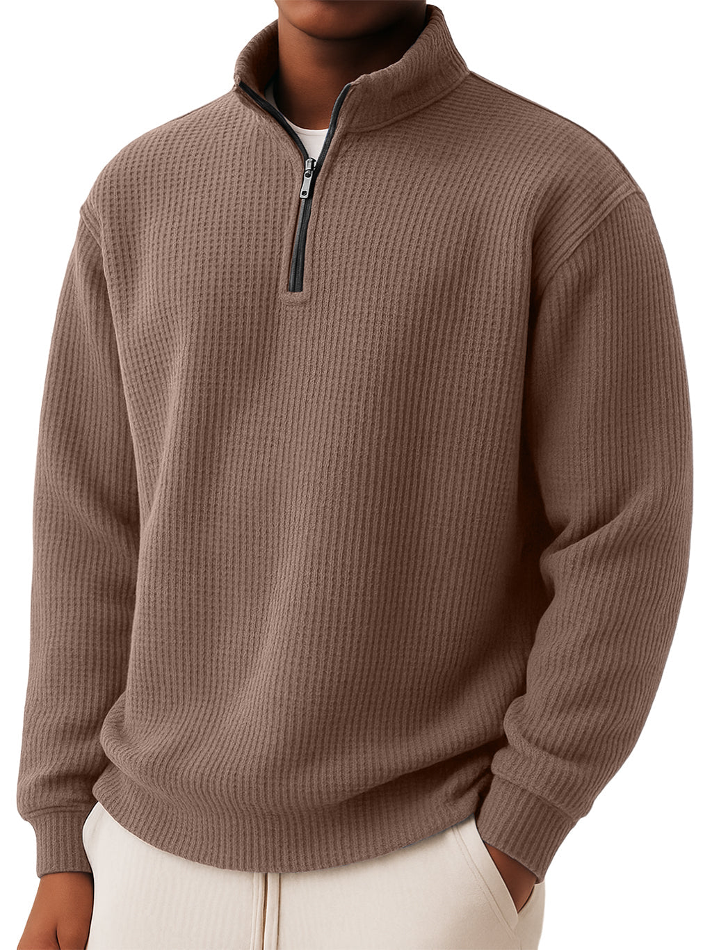 Men's Casual Simple Waffle Quarter Zip Long Sleeved T-shirt.