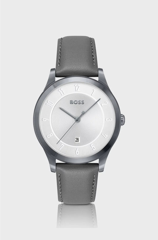 GREY-PLATED WATCH WITH LEATHER STRAP