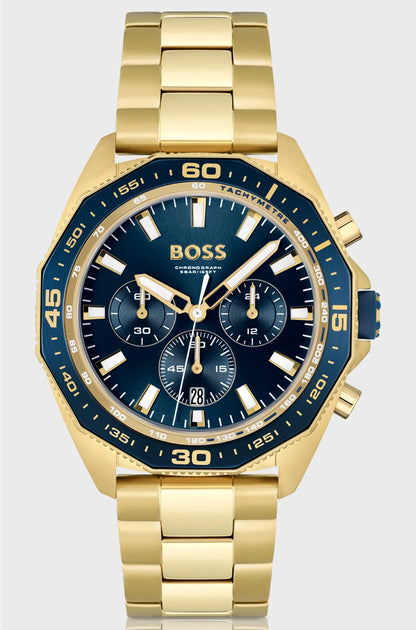 BLUE-DIAL CHRONOGRAPH WATCH WITH GEOMETRIC BEZEL