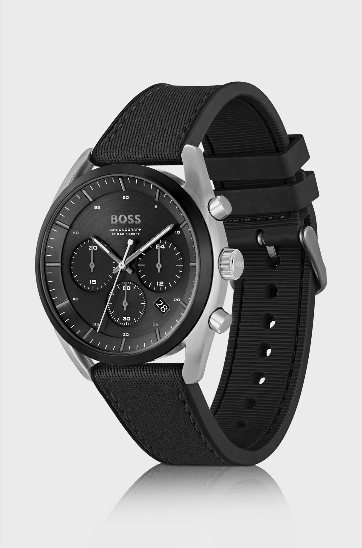 BLACK-DIAL CHRONOGRAPH WATCH WITH SILICONE-FABRIC STRAP