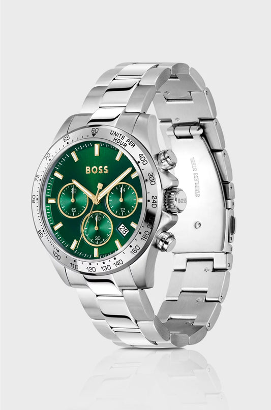SILVER-TONE CHRONOGRAPH WATCH WITH GREEN DIAL