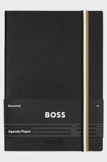 A5 BLACK FAUX-LEATHER NOTEBOOK WITH SIGNATURE-STRIPE STRAP