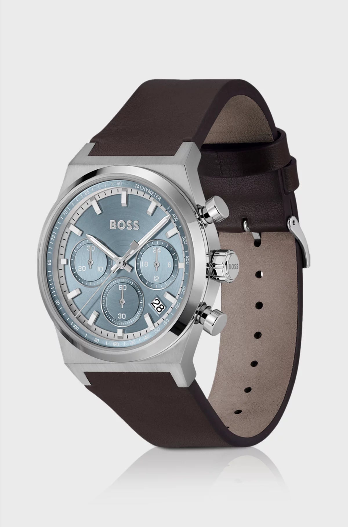SILVER-TONE CHRONOGRAPH WATCH WITH BROWN LEATHER STRAP