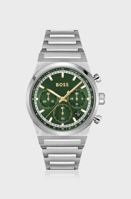 GREEN-DIAL CHRONOGRAPH WATCH IN SILVER-TONE STEEL