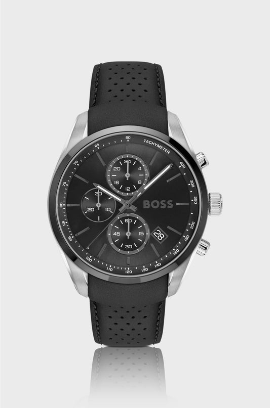 BLACK-DIAL CHRONOGRAPH WATCH WITH LEATHER STRAP