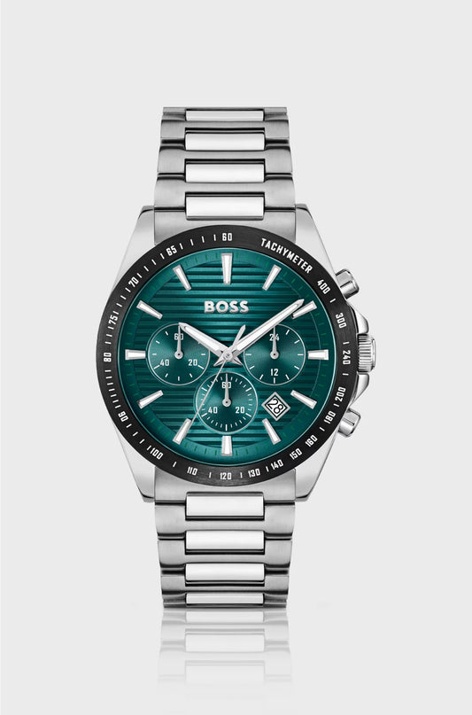 LINK-BRACELET CHRONOGRAPH WATCH WITH GREEN GROOVED DIAL