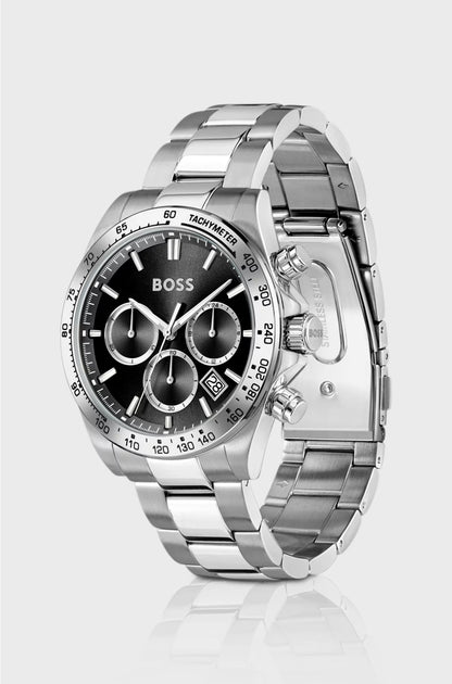 BLACK-DIAL CHRONOGRAPH WATCH WITH STEEL BRACELET