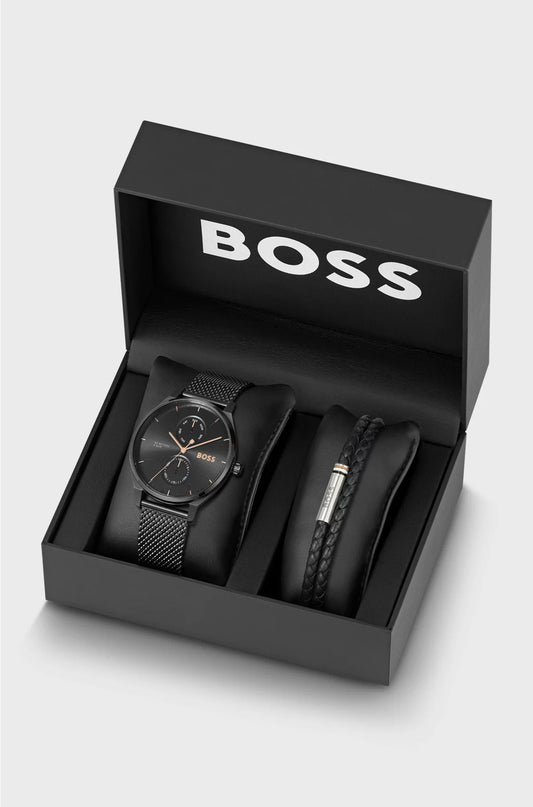 TYLER MESH-BRACELET WATCH AND BRAIDED LEATHER CUFF GIFT SET