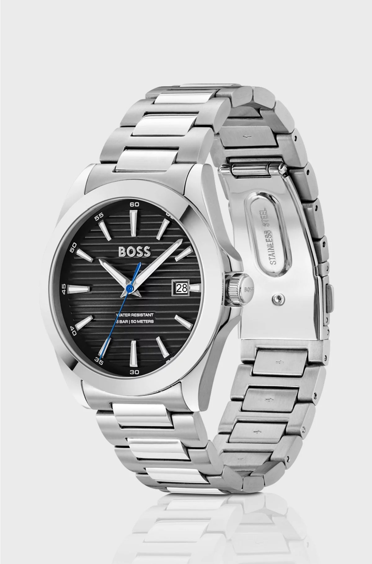 SILVER-TONE WATCH WITH BLACK GROOVED DIAL