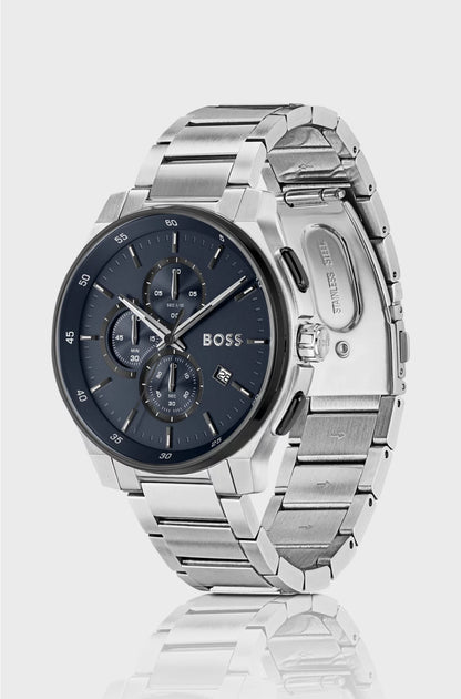 STAINLESS-STEEL CHRONOGRAPH WATCH WITH MATTE-BLUE DIAL