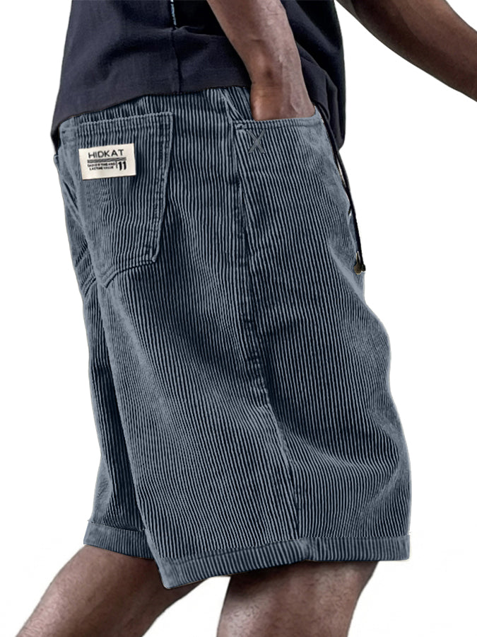 Men's Casual Retro Multi Pocket Embroidered Logo Workwear Corduroy Shorts