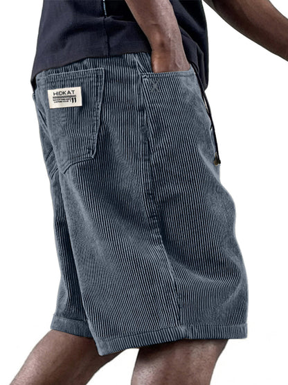 Men's Casual Retro Multi Pocket Embroidered Logo Workwear Corduroy Shorts
