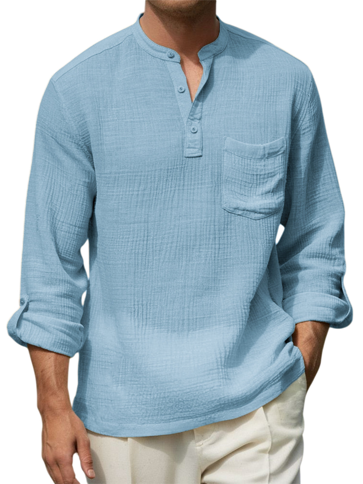 Men's Breathable Cotton-linen Wrinkled Henley Shirt with Pockets