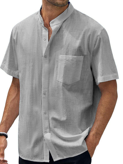 Men's Solid Color Stand Collar Pocket Cotton Linen Casual Short Sleeve Shirt