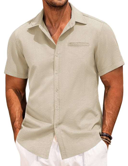 Men's Fake Pocket Linen Shirt Short Sleeve Button Up Shirt Summer Beach Hawaiian Shirt